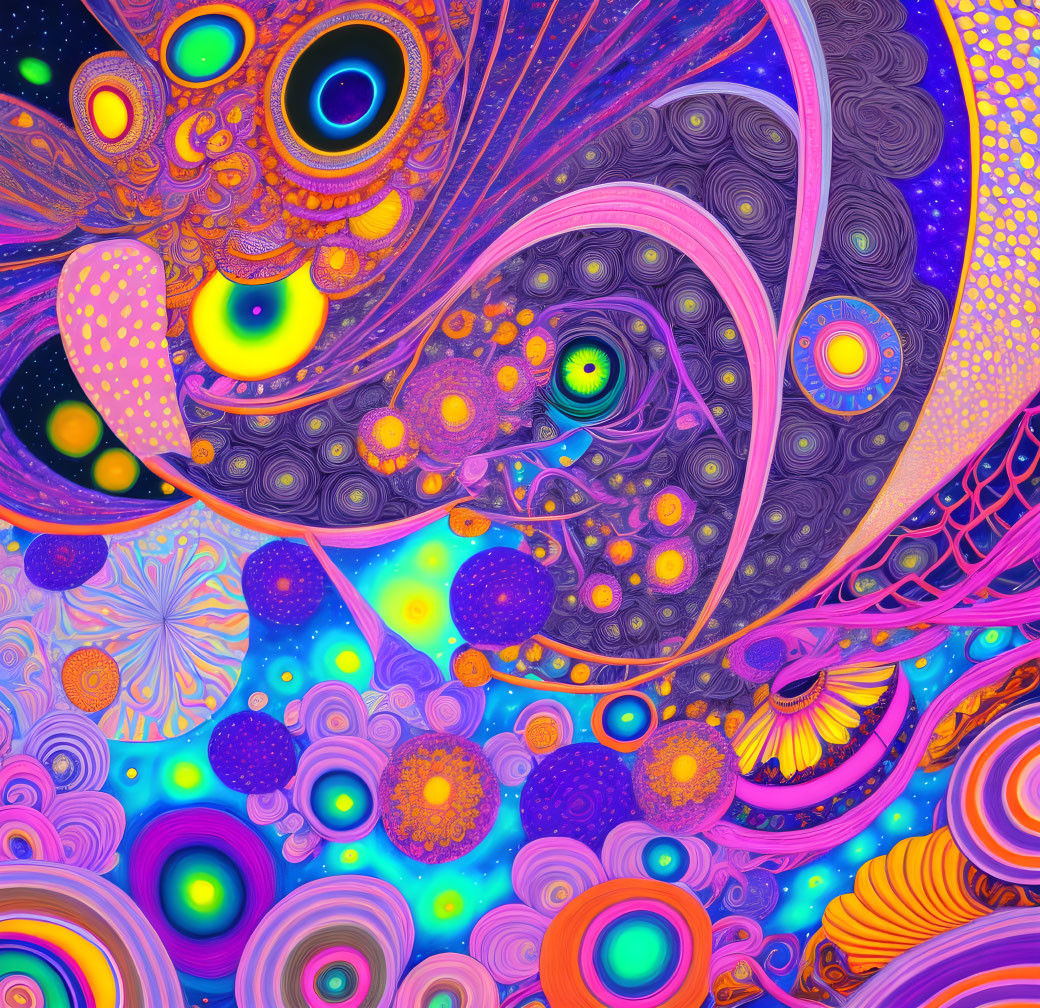 Colorful psychedelic abstract art with swirling patterns and vivid purple, blue, and orange hues.