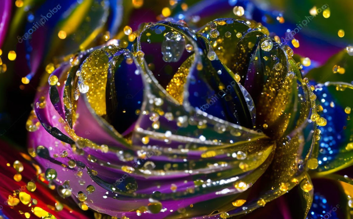 Colorful Swirled Glass Sculpture with Water Droplets on Glossy Surface