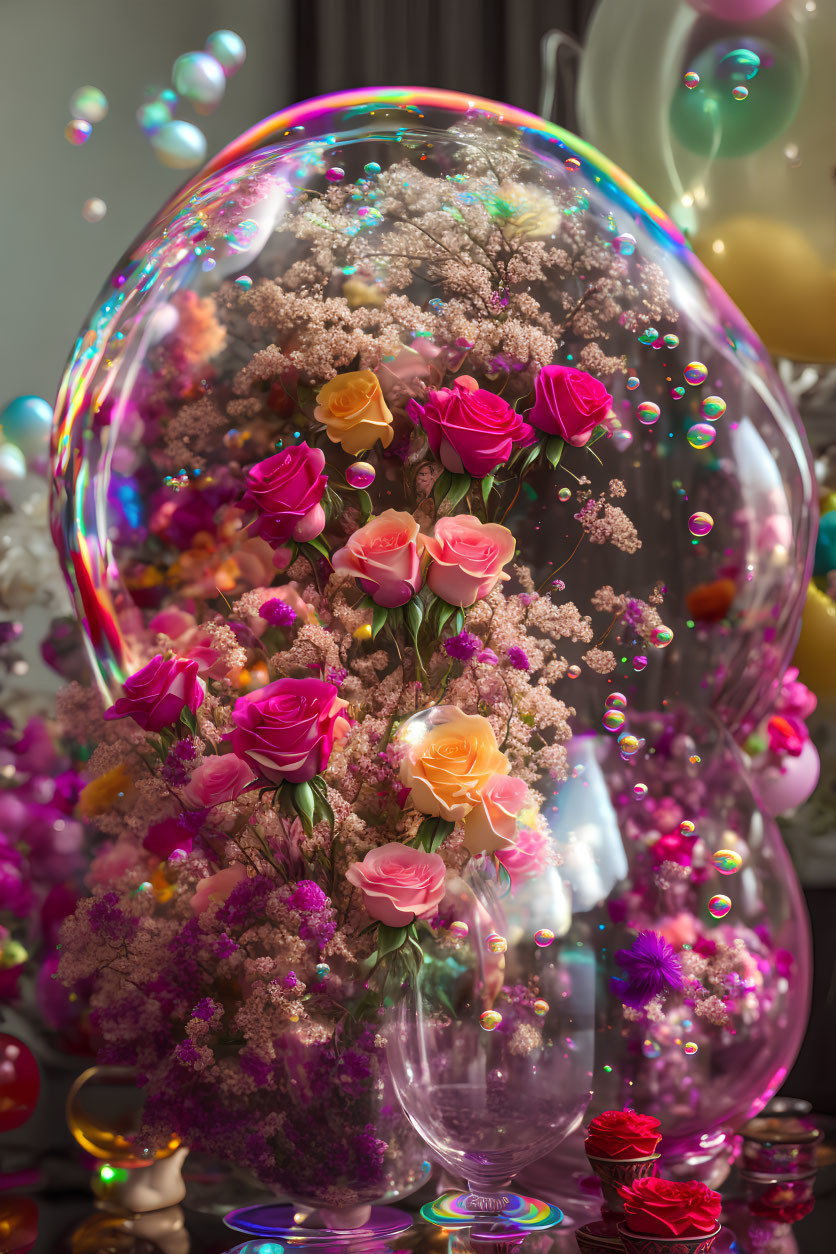 Colorful Pink and Orange Roses in Transparent Bubble with Soap Bubbles and Balloons