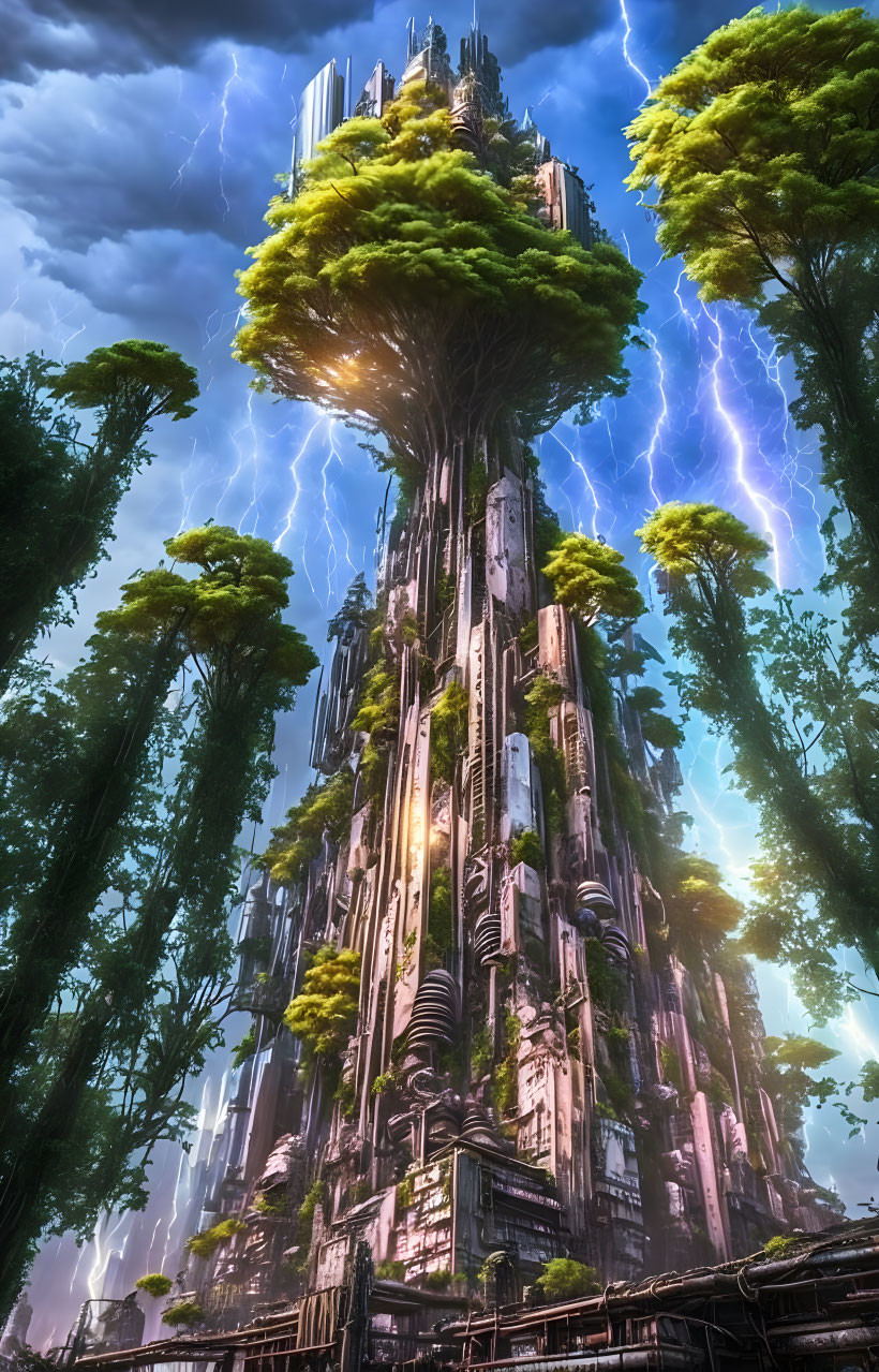 Futuristic city in giant tree with lightning strikes