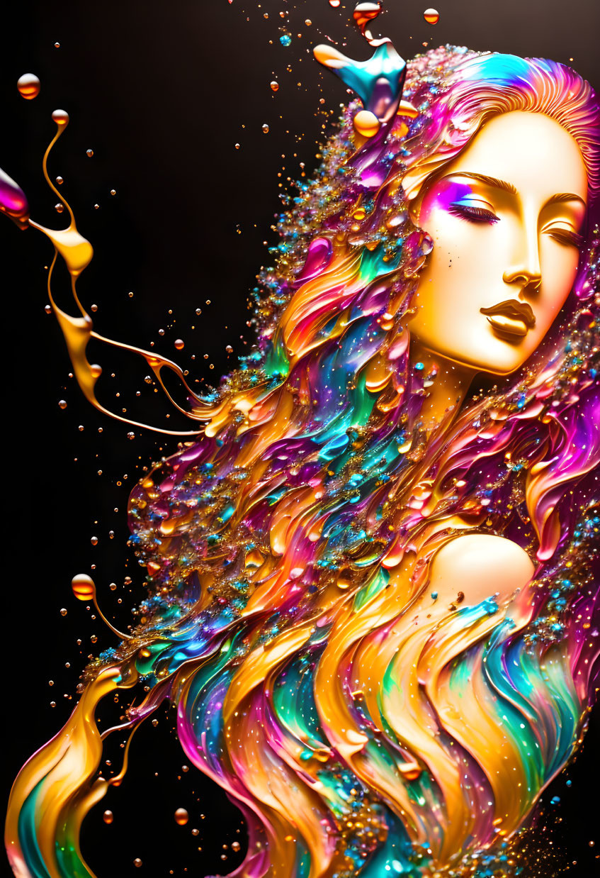 Colorful woman with flowing multicolored hair against black background