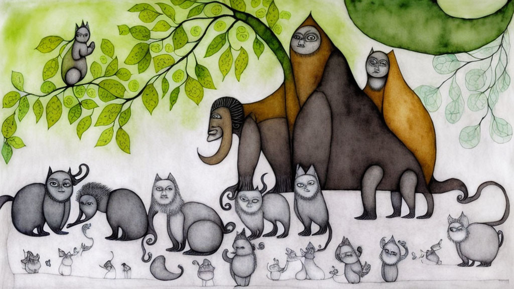 Whimsical drawing of creatures with human-like faces in green foliage