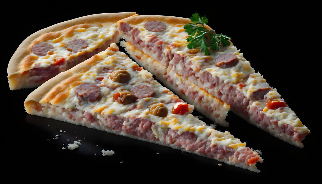 Sliced pizza with cheese, sausage, and herbs on black background