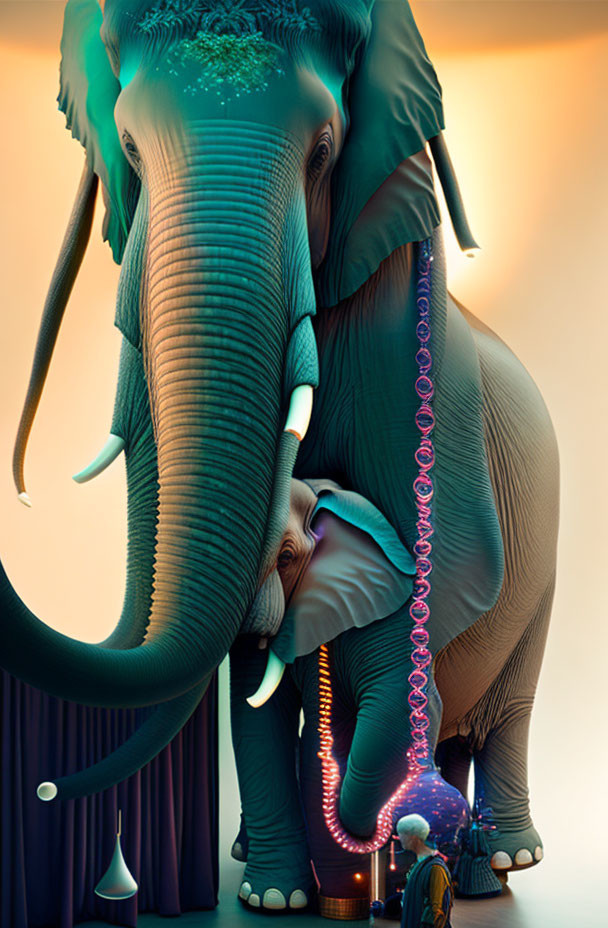 Vibrant neon-hued elephants connected by swirling energy on gradient background