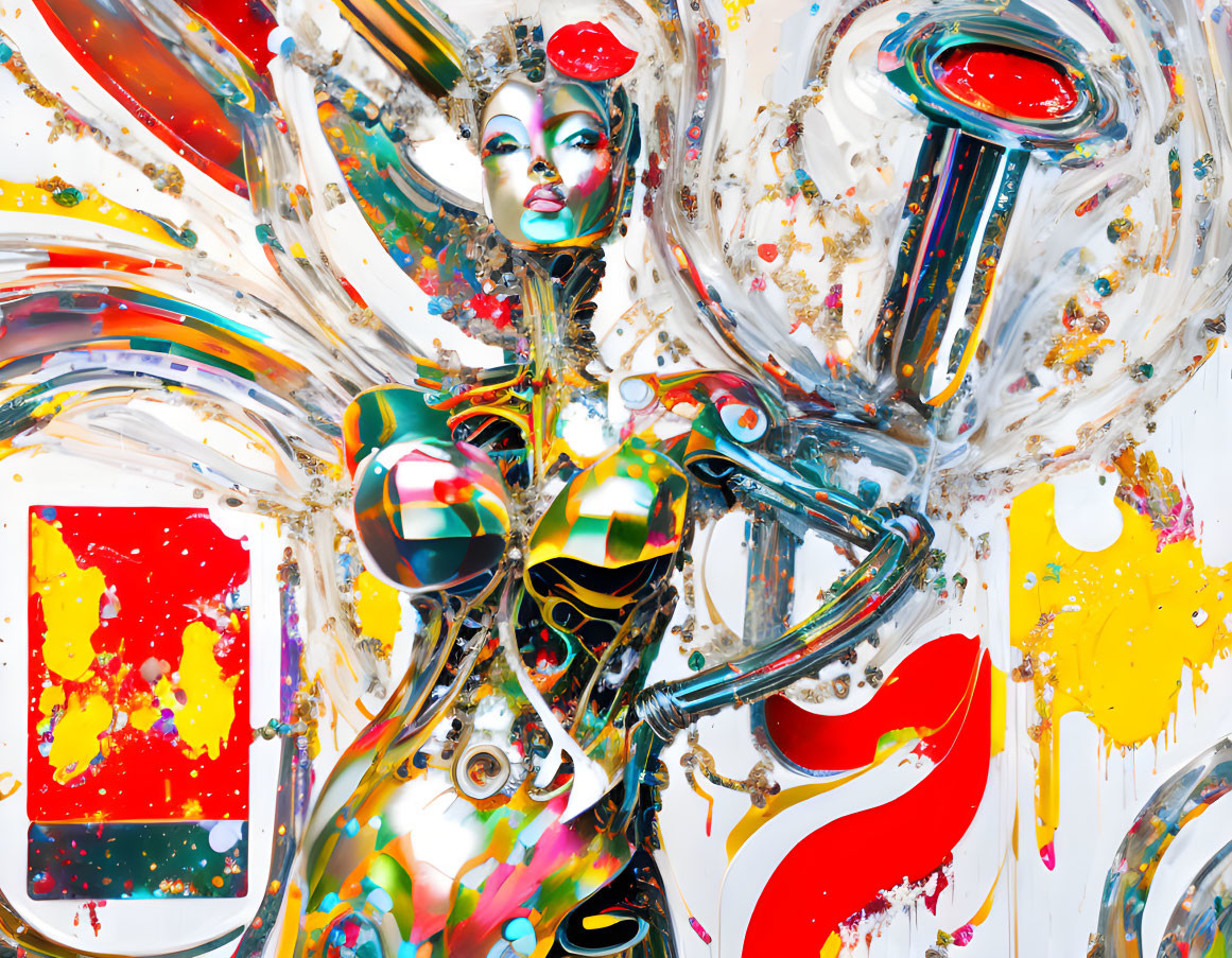 Vibrant Abstract Art: Metallic Figure in Colorful Swirls