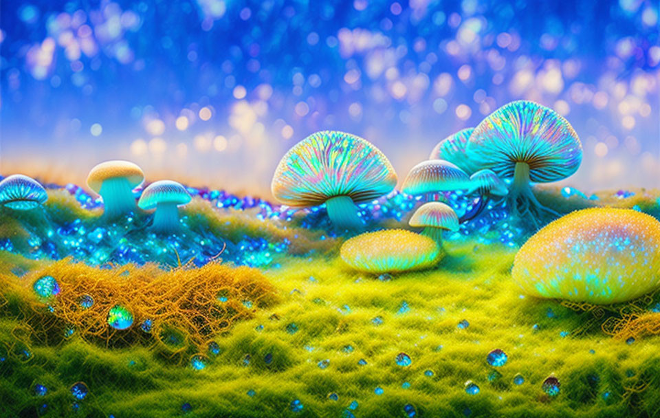 Vibrant multicolored mushrooms on green surface with dewdrops, soft-focus blue background