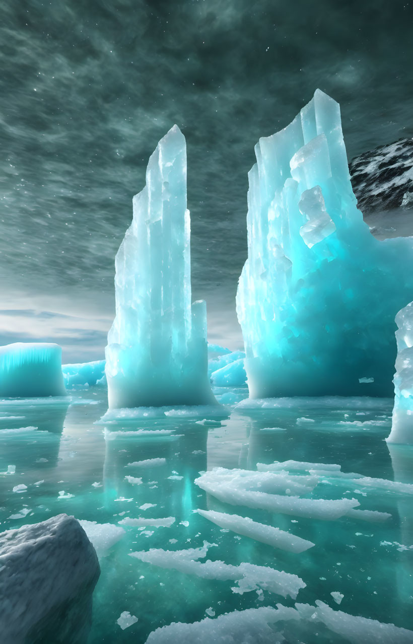 Icy Landscape with Blue Ice Formations and Cloudy Sky