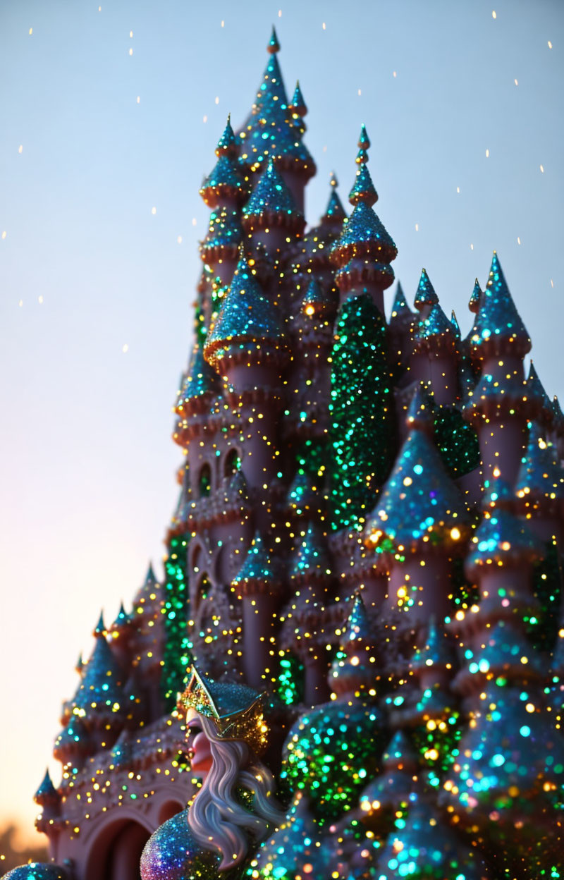 Sparkling castle with colorful lights and figure at dusk