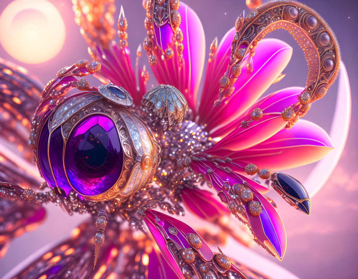 Vibrant surreal image: Mechanical jewel creature with iridescent wings on purple and pink sky