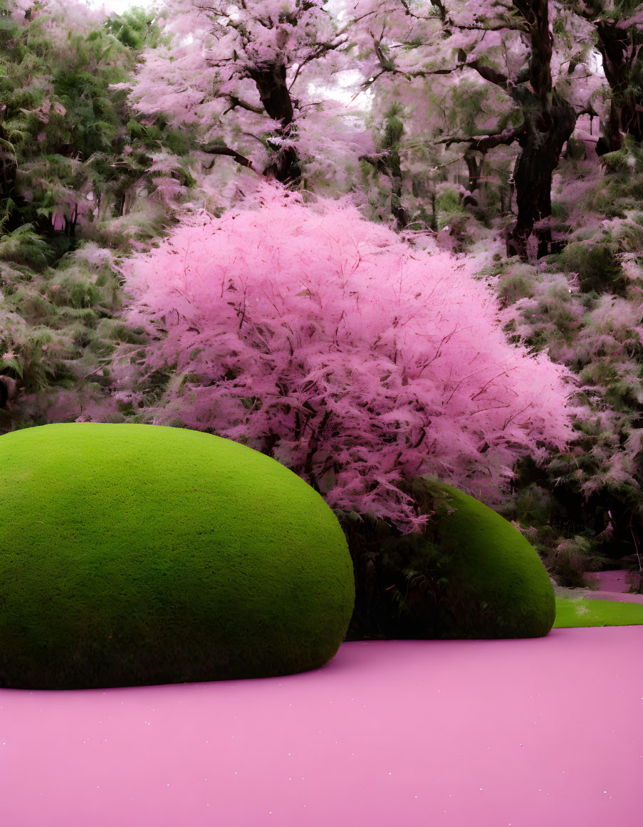 Surreal Pink Landscape with Vibrant Tree and Moss-Covered Rocks