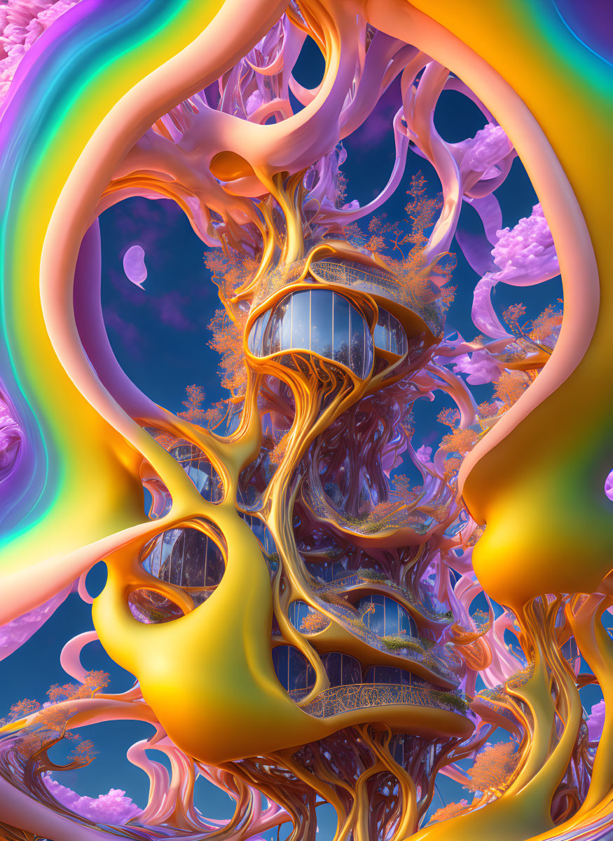 Surreal orange tree-like structures with spheres on purple and blue backdrop