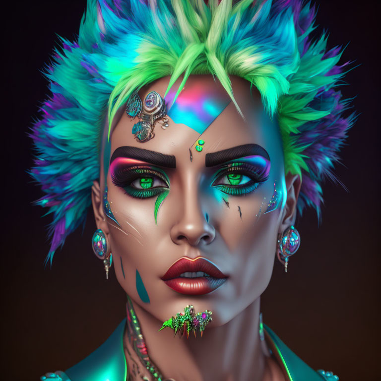 Vibrant green and blue hair digital portrait with futuristic makeup and piercings