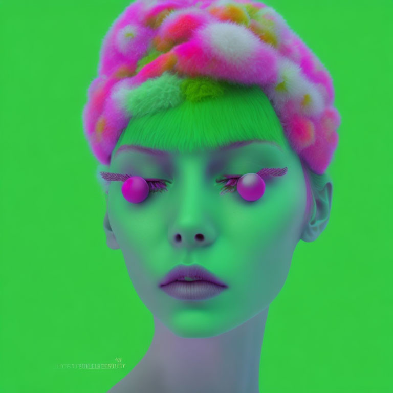 Colorful surreal portrait: green-skinned person with pink eyes and brain-shaped hat on bright green backdrop