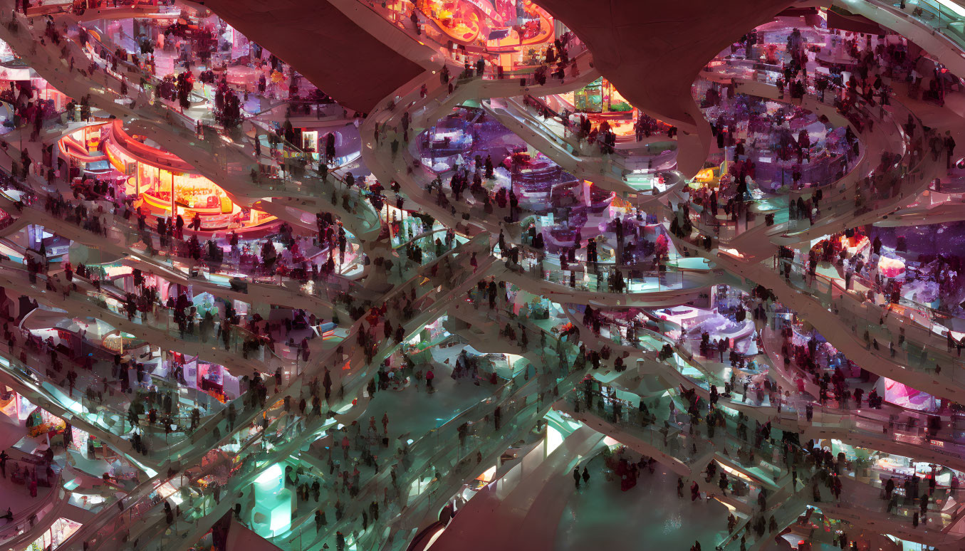 Futuristic multi-level structure with glowing walkways and neon-lit shops