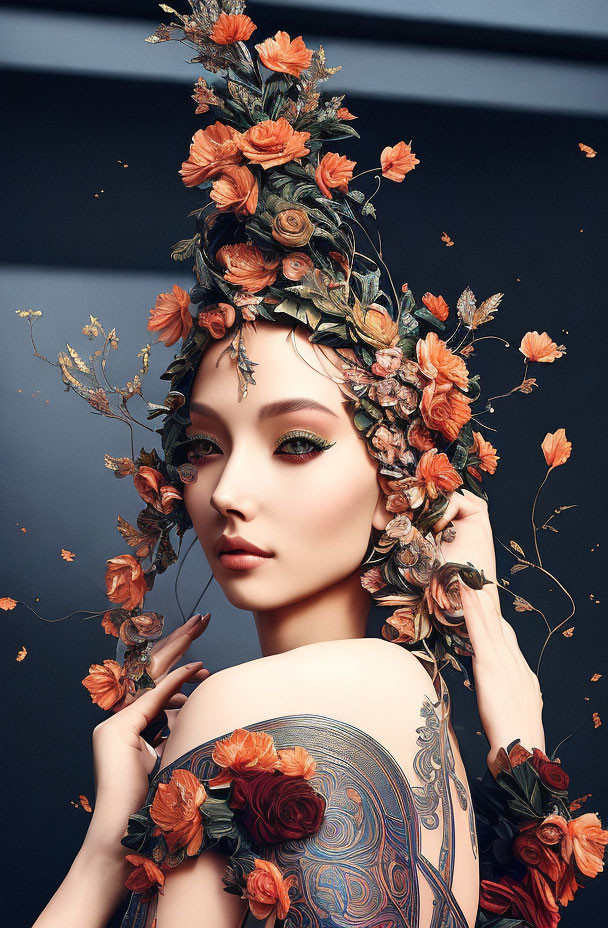 Woman with floral headpiece and tattoos in dark background with floating petals