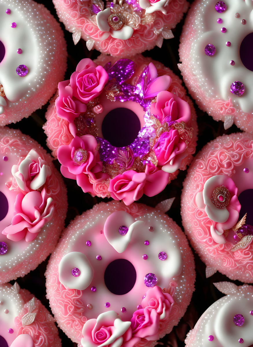 Ornate pink and white frosted doughnuts with edible flowers, glitter, and beads