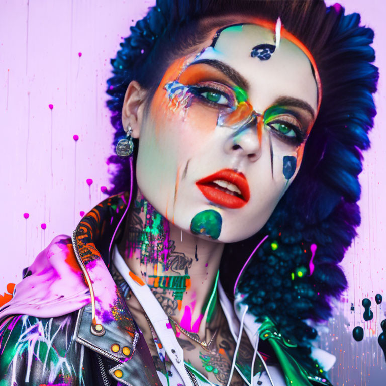 Colorful punk portrait with tattoos, bright makeup, and stylish jacket