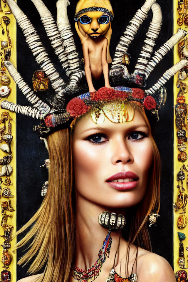 Portrait of a woman with intricate tribal headwear and jewelry, accompanied by a cat in sunglasses