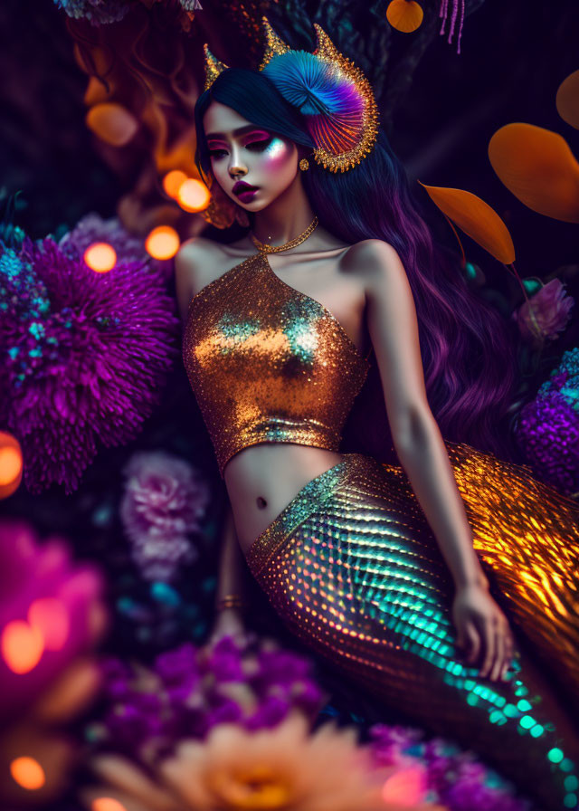 Mermaid costume with iridescent tail and golden top among flowers and lights