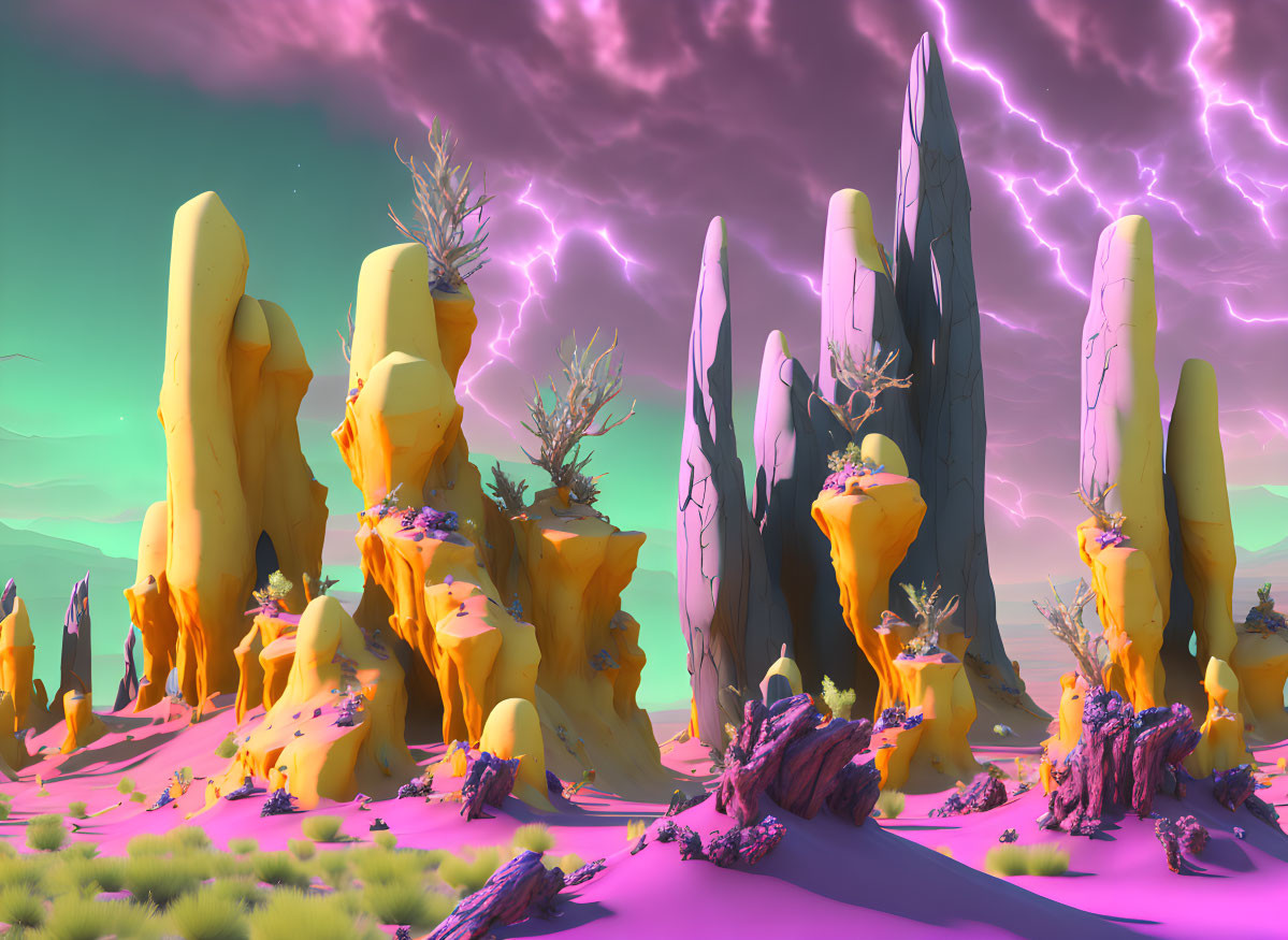 Vibrant yellow and purple surreal landscape with towering rock formations