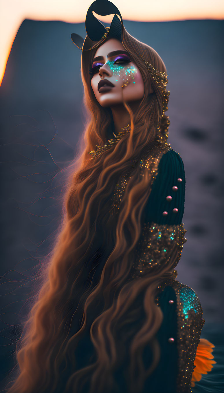 Person with Long Curly Hair in Artful Makeup and Shimmering Outfit against Dusk Sky