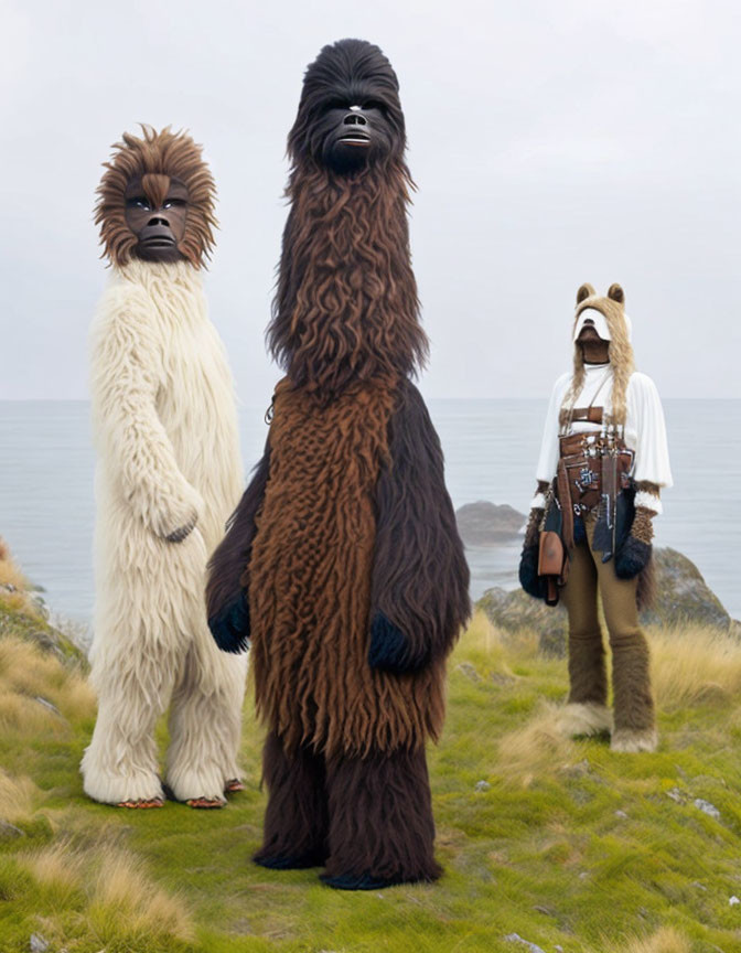 Realistic mythical creature costumes on grass with sea backdrop