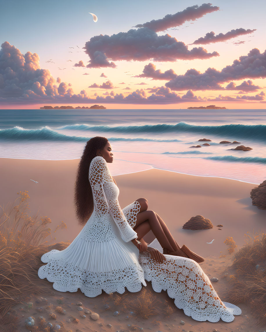 Woman in White Dress Sitting on Beach at Sunset with Crescent Moon and Cloudy Sky