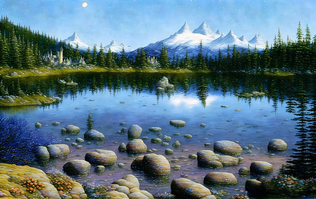 Snow-capped mountain landscape with lake, pine trees, and moon