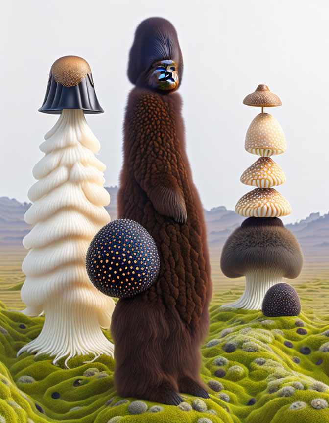 Surreal anthropomorphic figure with mushroom cap head in mushroom landscape