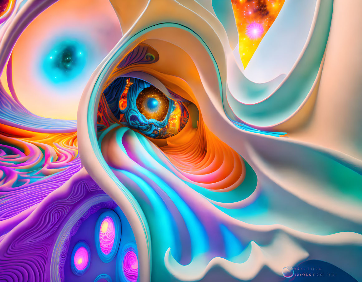 Colorful digital artwork: swirling patterns, eye center