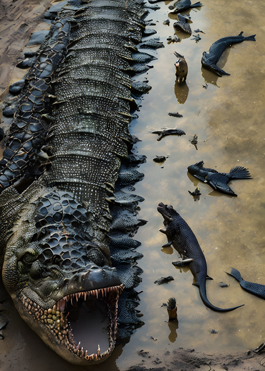 Large Crocodile with Open Jaw Surrounded by Fish in Shallow Water