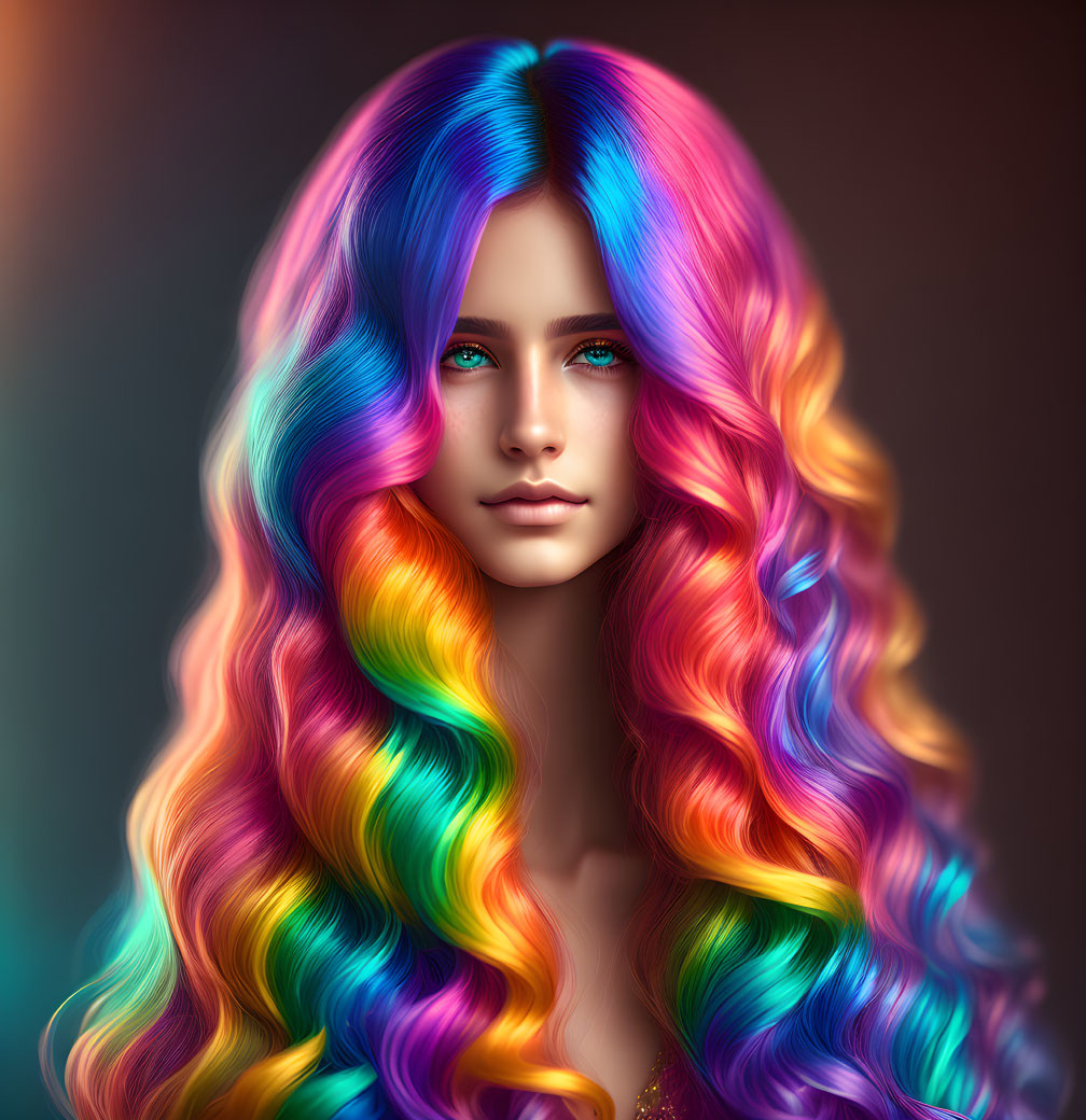 Rainbow-colored wavy hair and blue eyes on dark background