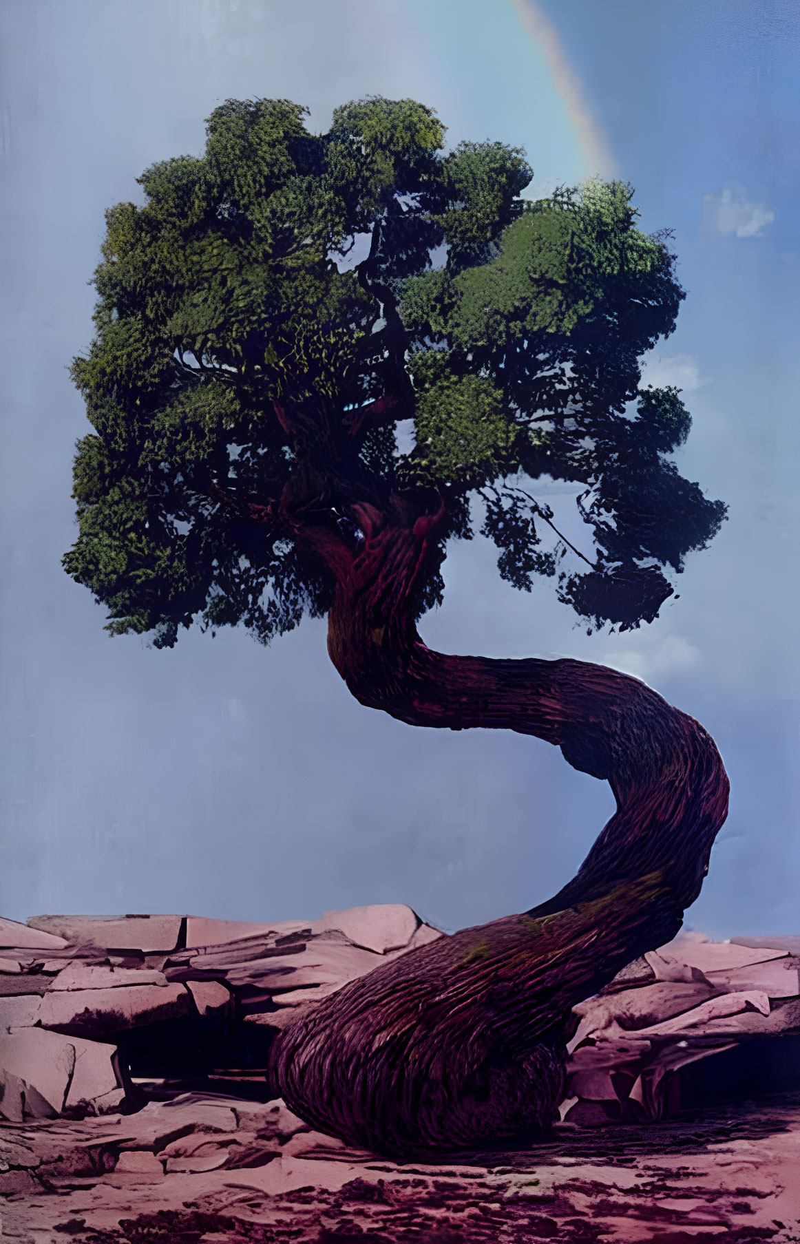 Digitally manipulated image: Twisted tree, green canopy, rainbow, rocky terrain, blue sky