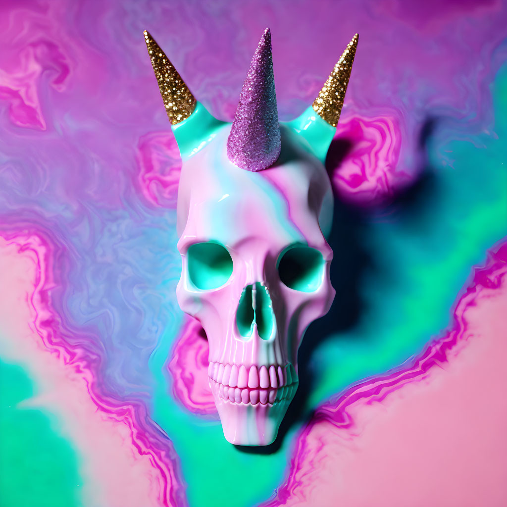 Glittery unicorn horn and ears on white skull in pink and turquoise swirls