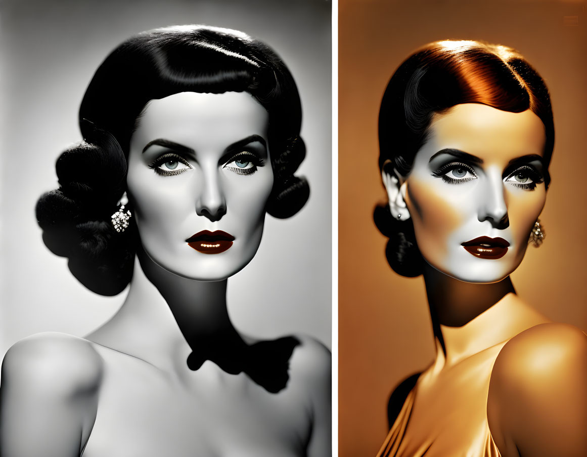 Vintage Hollywood Glam Style: Side-by-Side Woman Portraits with Bold Makeup, Wavy Hair,