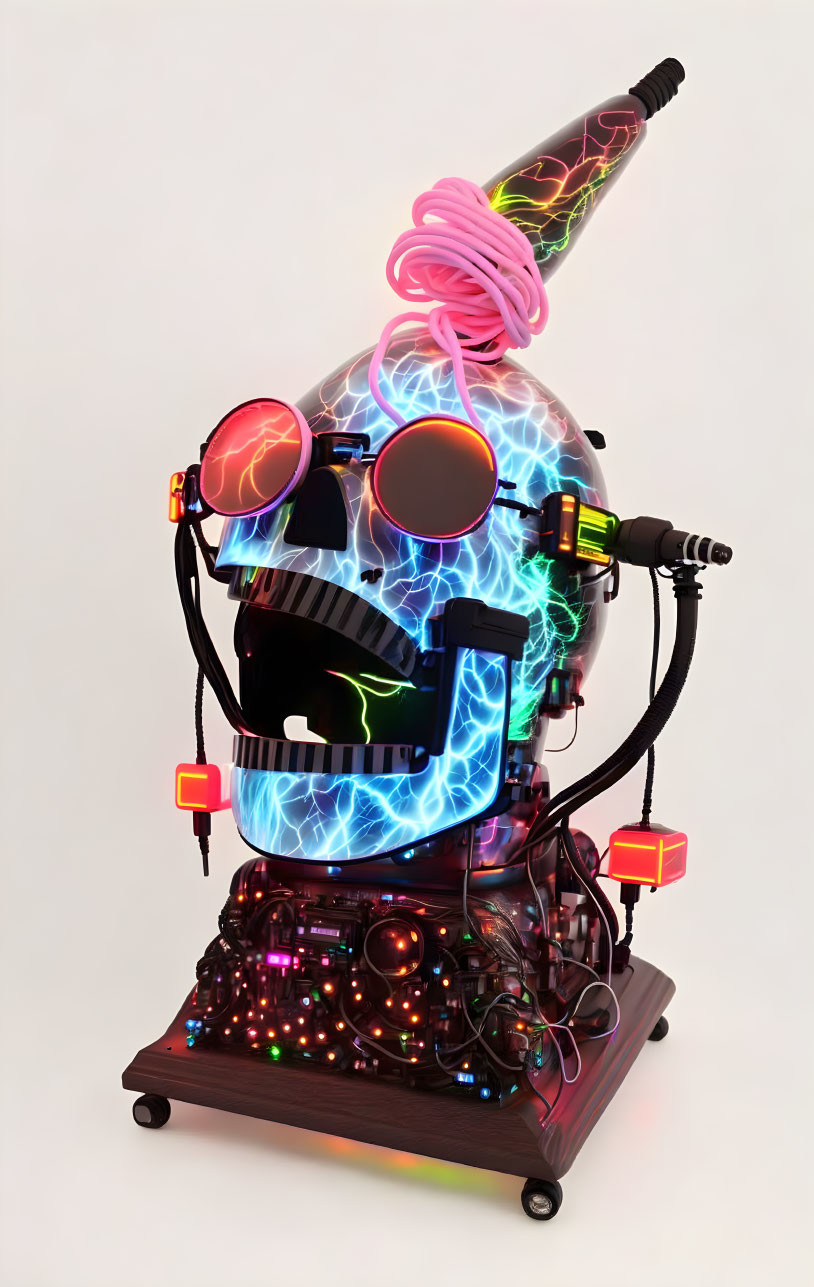 Colorful neon tubes adorn robotic head sculpture with sunglasses and party hat