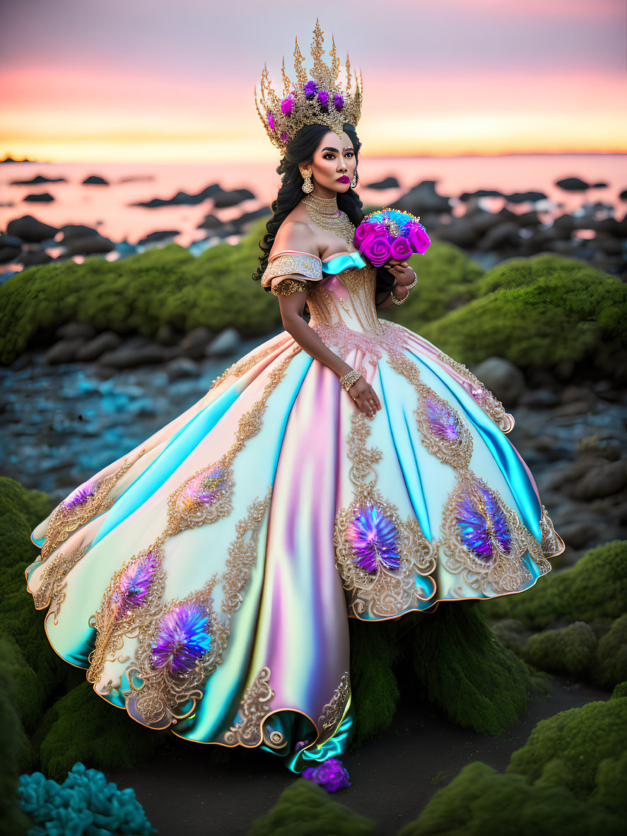 Elaborate fantasy dress woman on rocky beach at sunset