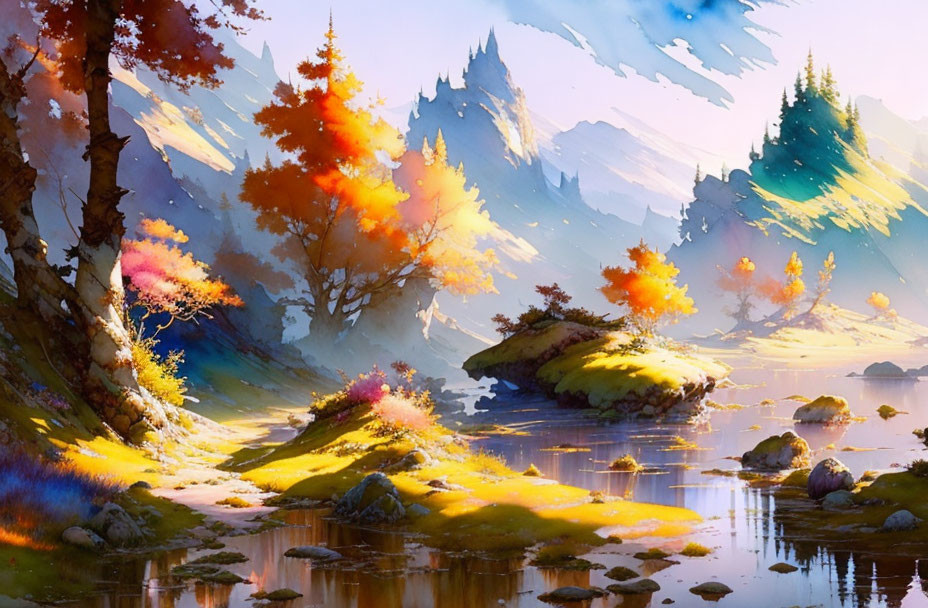 Colorful Autumn Forest Landscape with River and Mountains