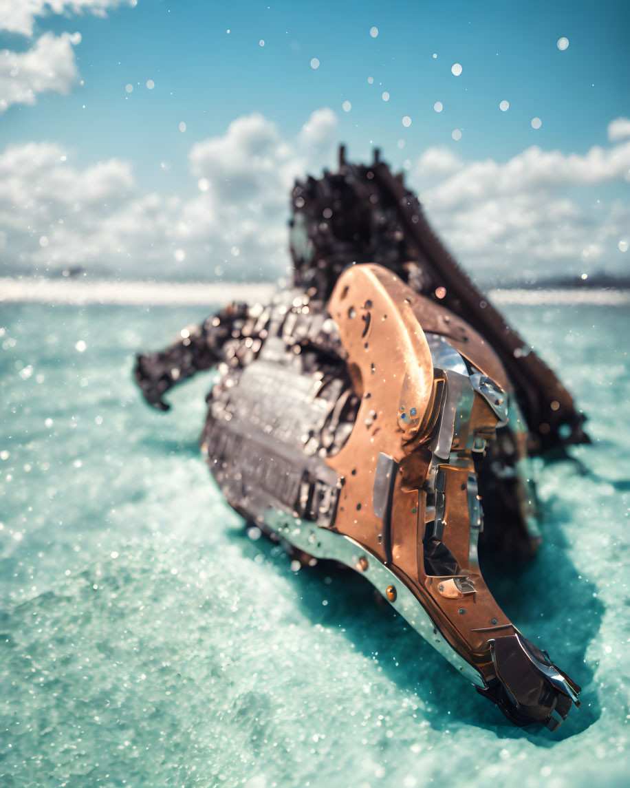 Robotic arm in turquoise water with beach background and water droplets.