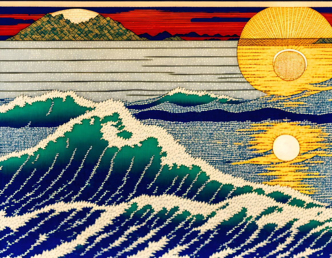 Colorful artwork inspired by the Great Wave with golden accents and Mount Fuji contrast.