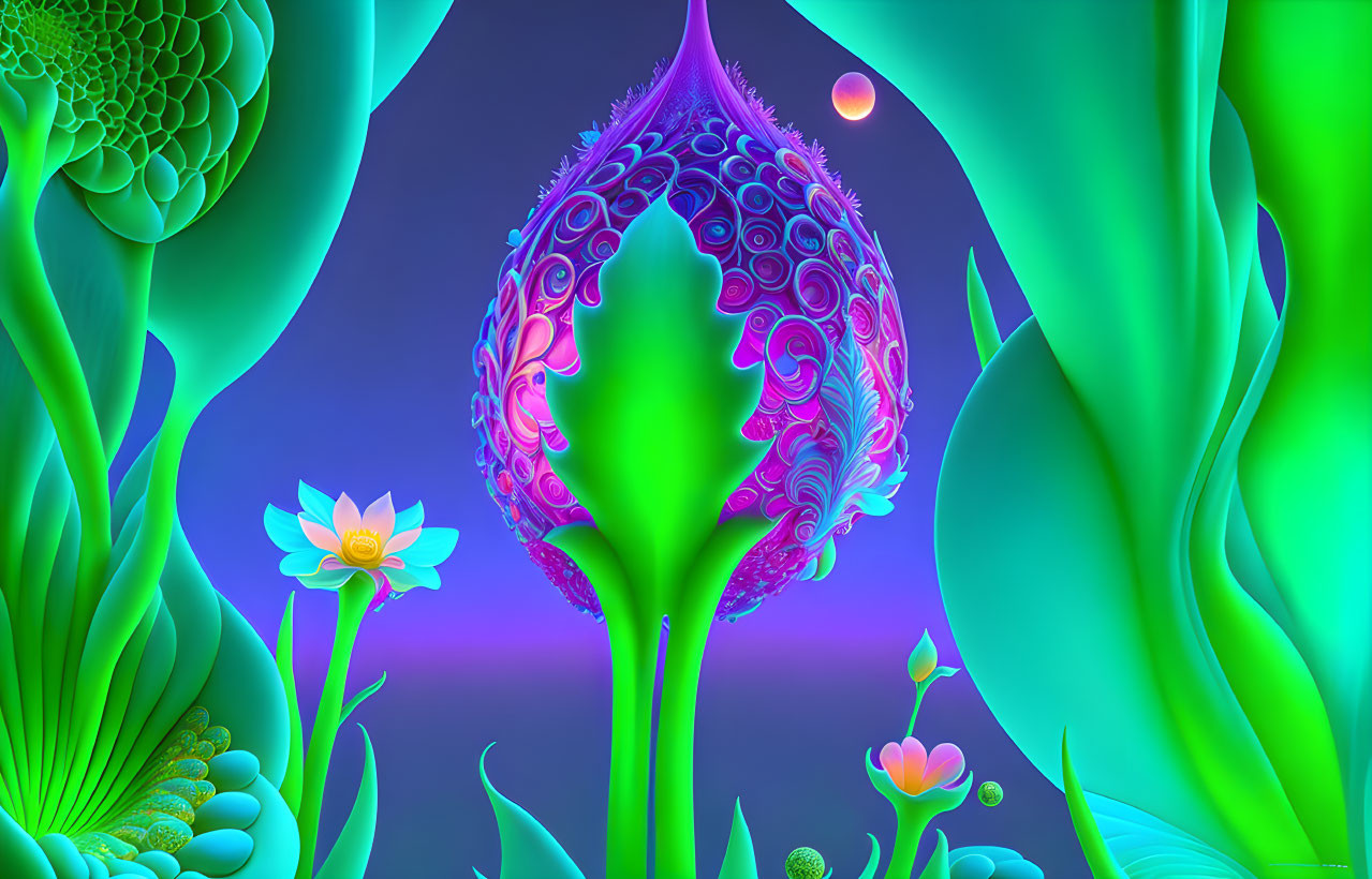 Neon-colored botanical scene with intricate floral patterns