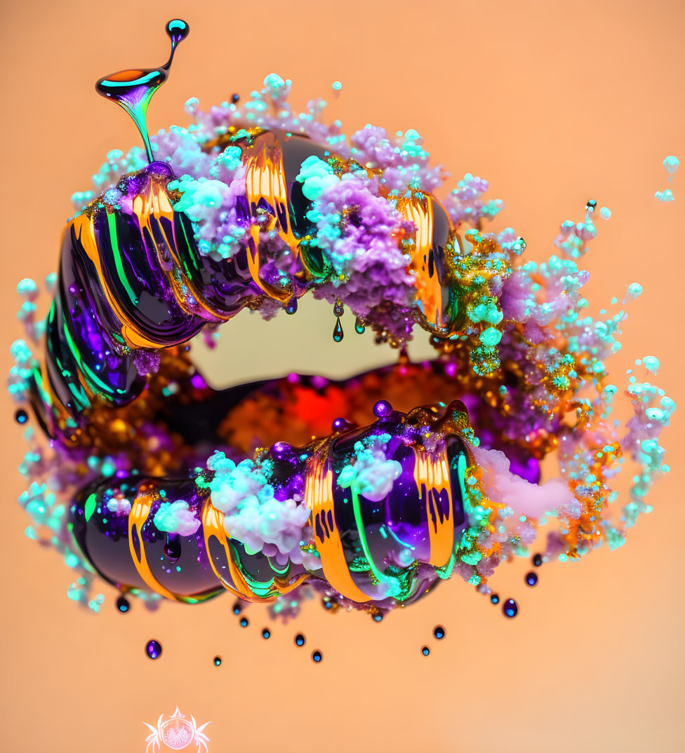 Colorful Toroidal Liquid Sculpture in Purple and Orange on Tangerine Background