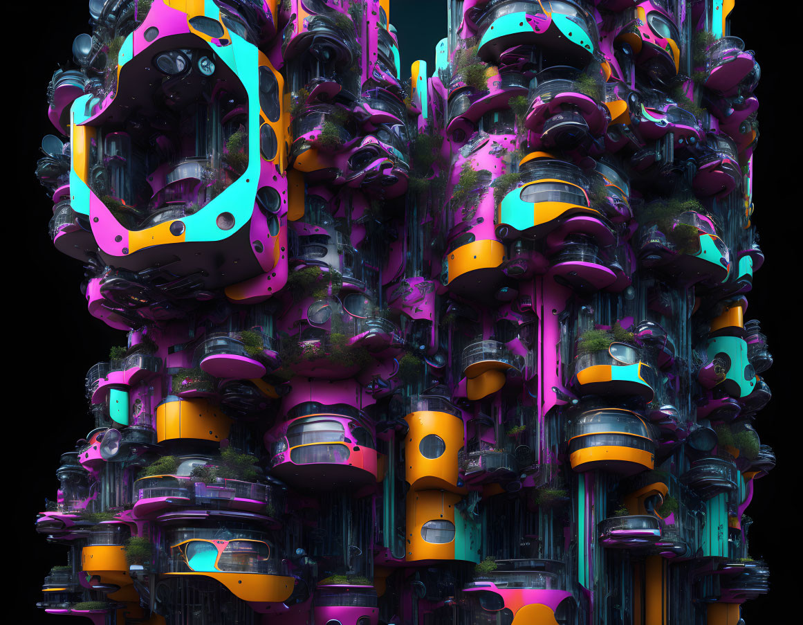 Futuristic neon-accented structure with organic shapes