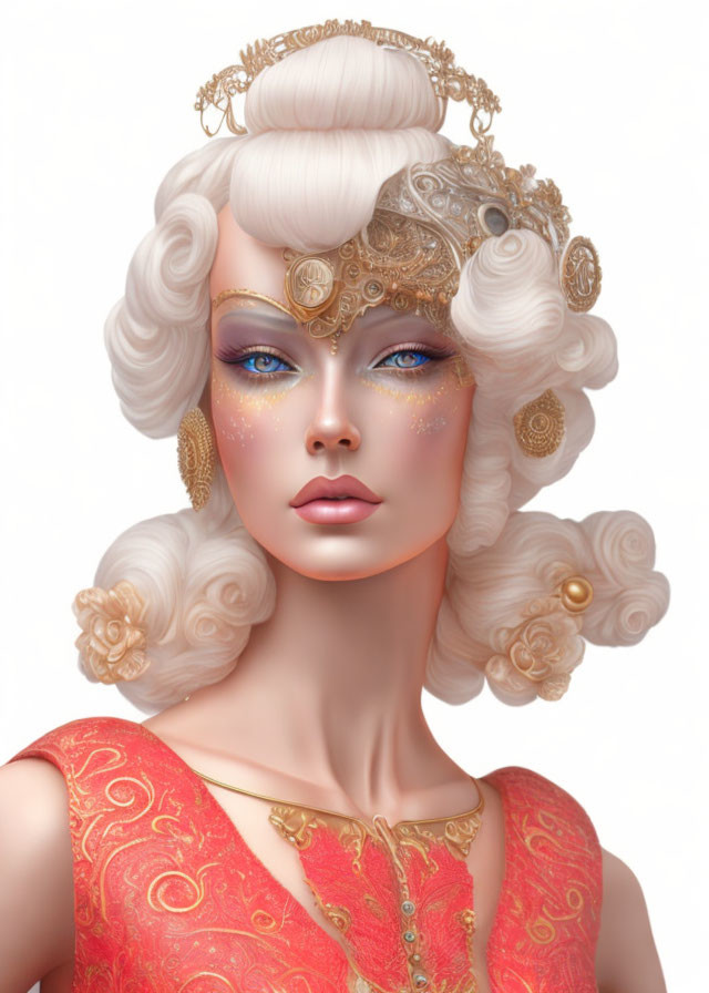 Illustrated female figure with baroque white hair, blue eyeshadow, gold jewelry, red and