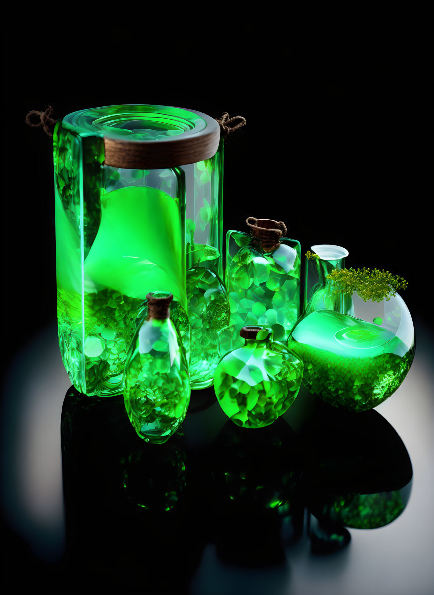 Green Luminescent Liquid in Glass Containers on Reflective Surface