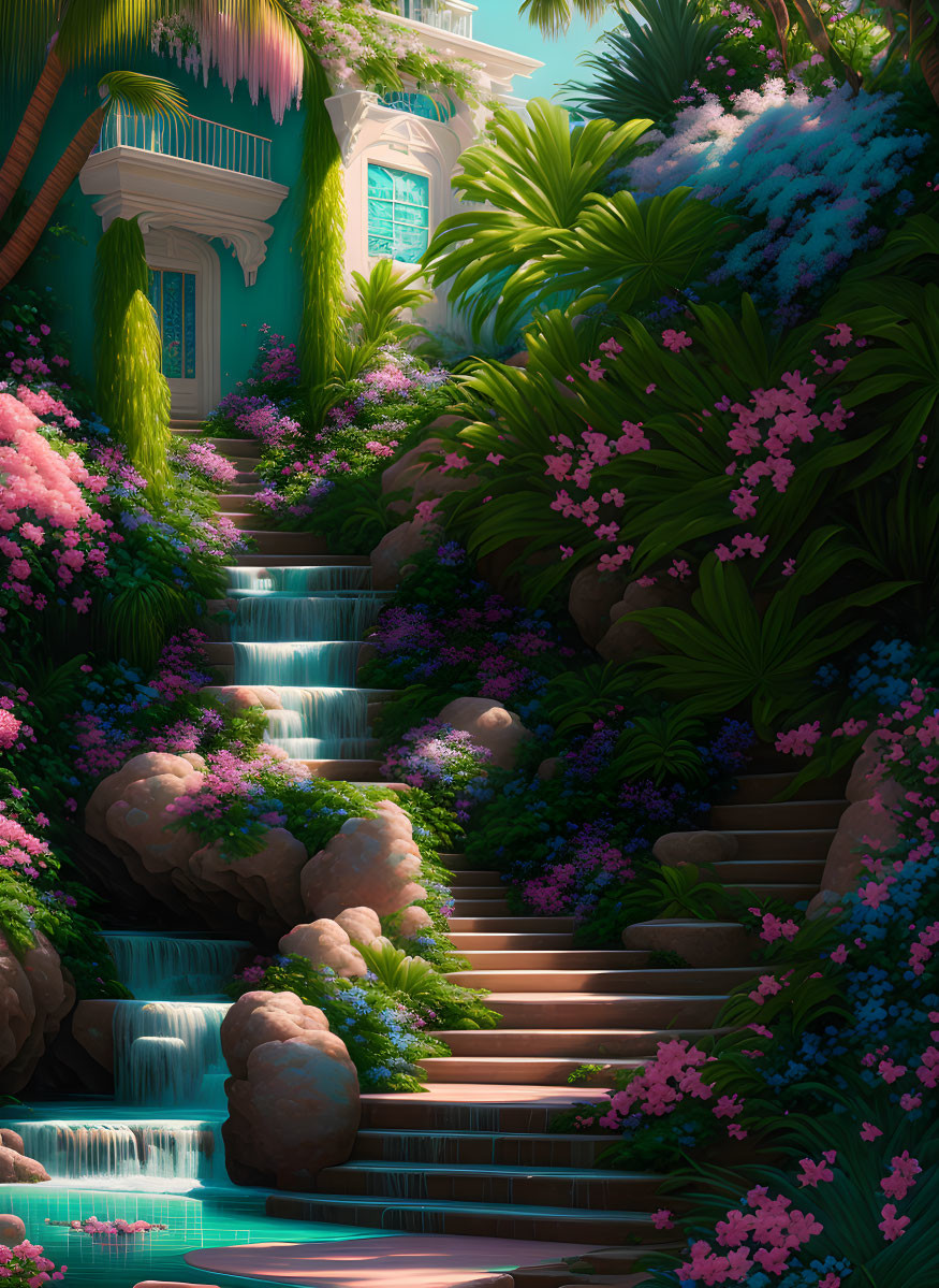 Tranquil waterfall cascades through lush tropical setting