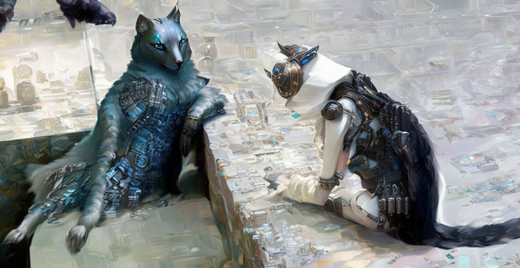 Blue fox and white robot creatures in futuristic cityscape