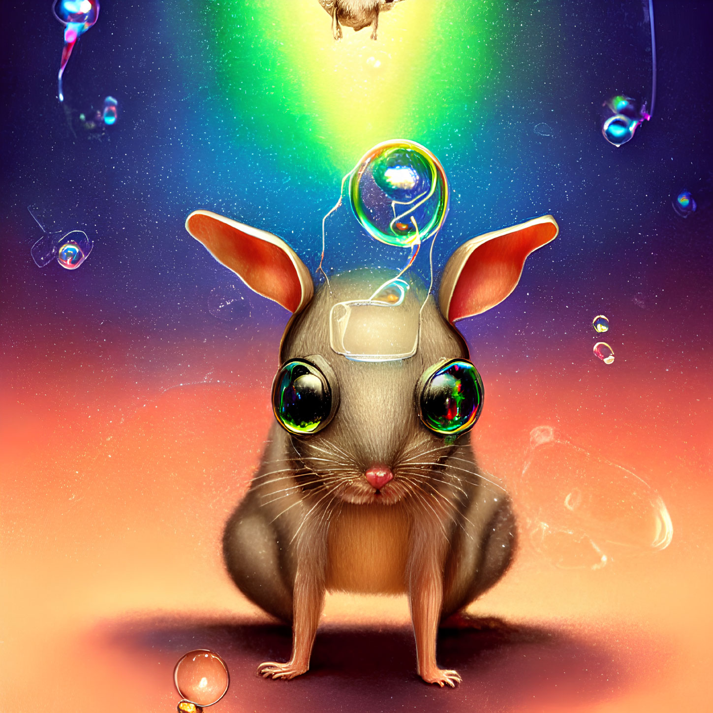 Colorful digital illustration of a whimsical brown bunny with oversized shiny eyes, surrounded by bubbles and a