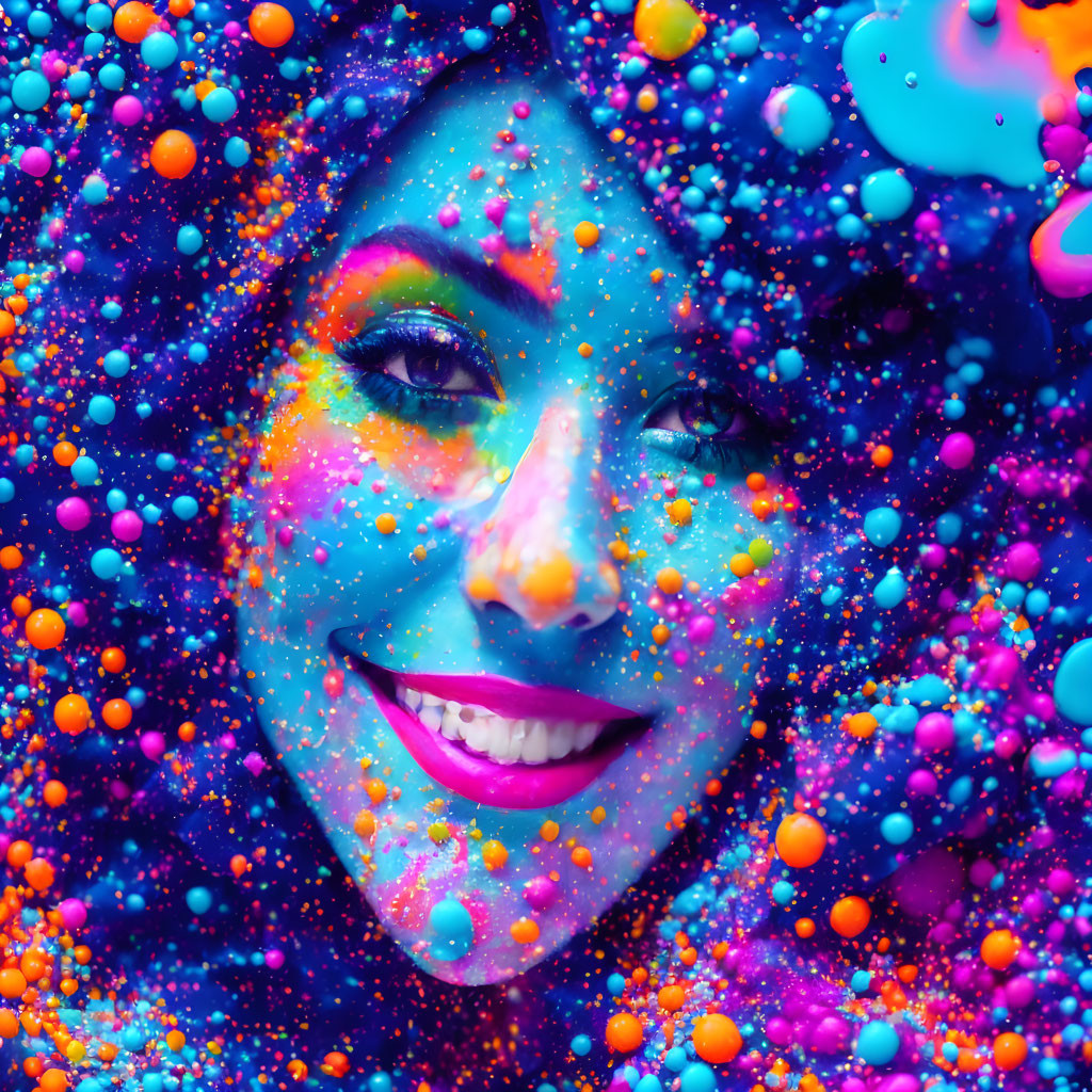 Colorful portrait of a woman with paint splashes and beads