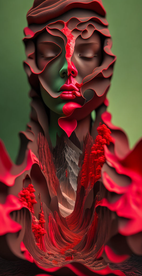 Abstract Surreal Artwork: Face with Flowing Red Elements & Integrated Landscape Features